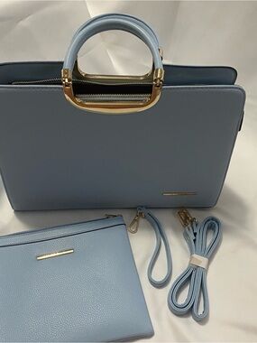 DASEIN Structured Light Blue Satchel with Detachable Pouch and Gold Hardware